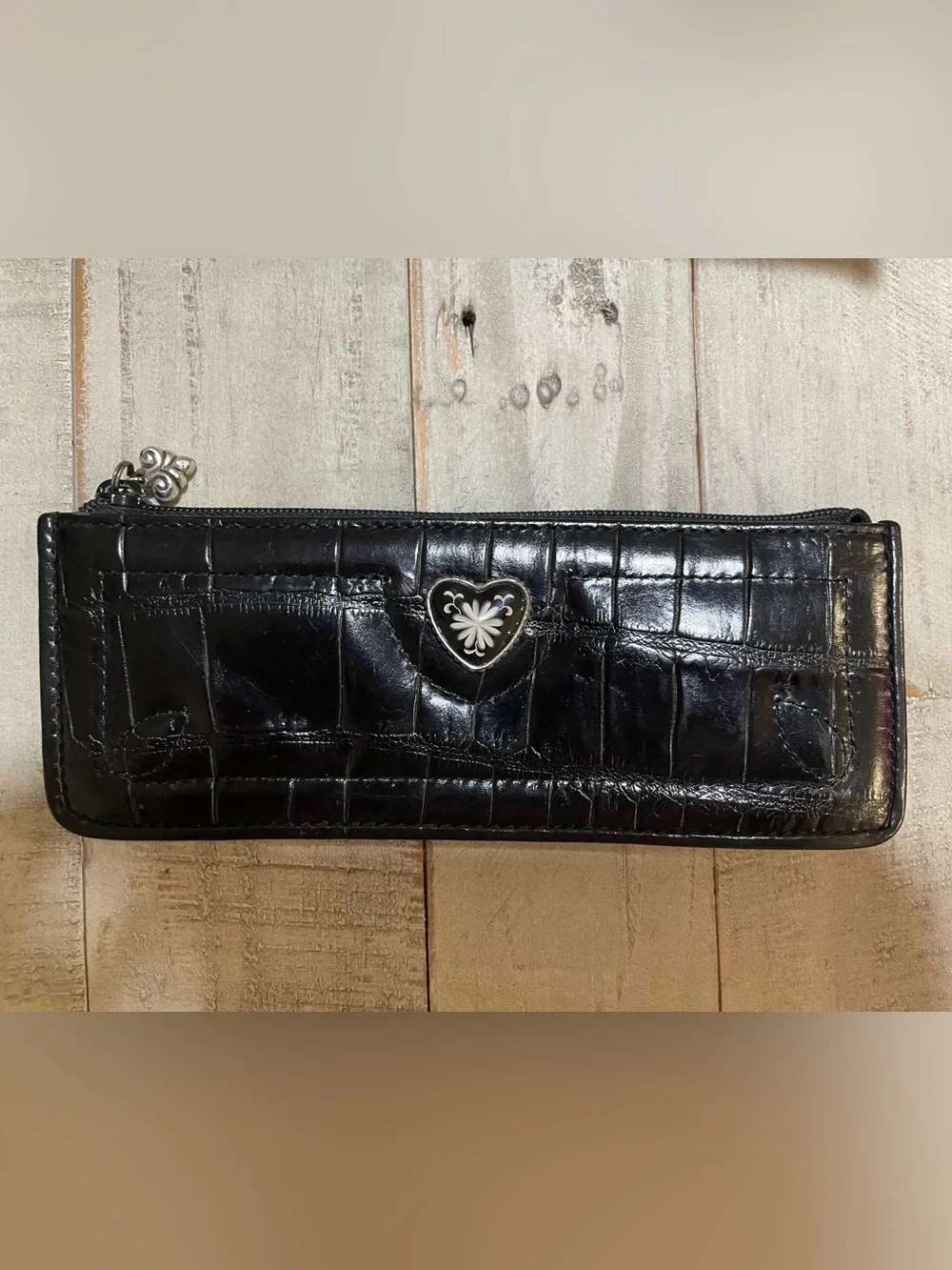 Brighton Black Croc-Embossed Wallet with Heart Accent